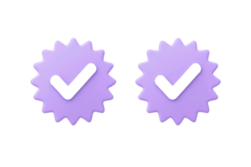 Two light purple starburst badges with black checkmarks indicating verification or approval isolated on transparent background