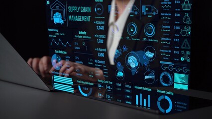Supply chain management interface showing delivery routes, warehouse efficiency, cost savings,...