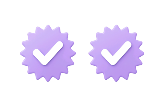 Two light purple starburst badges with black checkmarks indicating verification or approval isolated on transparent background