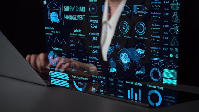 Fototapeta Supply chain management interface showing delivery routes, warehouse efficiency, cost savings, vehicle tracking, procurement ROI, and contract stages. Futuristic supply chain monitoring system. Thunk