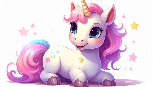 Cute cartoon character happy magic unicorn on white