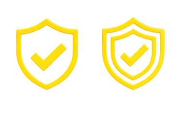 Two golden shield icons with checkmarks symbolizing security and protection isolated on transparent background