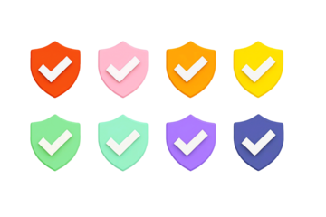 Collection of eight colorful shield icons with white checkmarks indicating security and approval isolated on transparent background