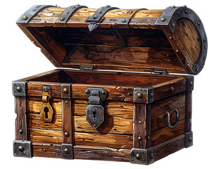  Open Antique Treasure Chest Showing Empty Interior, Ornate Padlock, Realistic Illustration, Isolated on Transparent Background