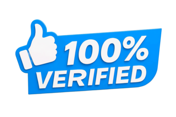 Blue 100 percent verified badge with thumbs up icon isolated on transparent background