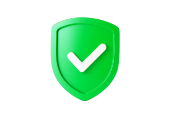 Green shield with a white check mark symbol indicating security and protection isolated on transparent background