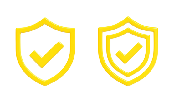 Two golden shield icons with checkmarks symbolizing security and protection isolated on transparent background