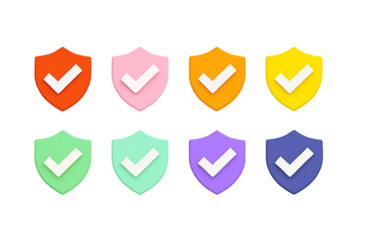 Collection of eight colorful shield icons with white checkmarks indicating security and approval isolated on transparent background
