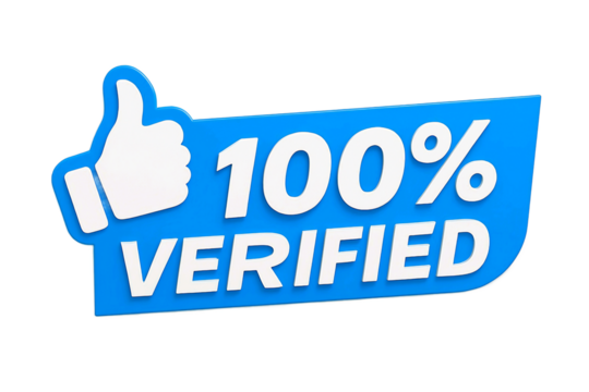 Blue 100 percent verified badge with thumbs up icon isolated on transparent background