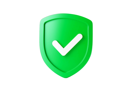Green shield with a white check mark symbol indicating security and protection isolated on transparent background - Powered by Adobe