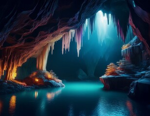 Fototapeta premium a dark moody cave interior with stalactites stalagmites and an underground lake