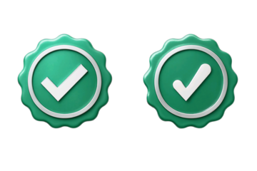 Two green checkmark badges with white borders isolated on transparent background