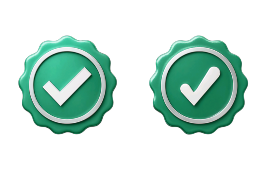 Two green checkmark badges with white borders isolated on transparent background