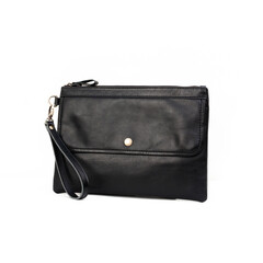 Blank black leather pouch isolated on white background