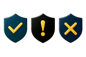Three stylized shield icons representing a check mark an exclamation mark and a cross symbol isolated on transparent background