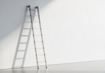 A metal ladder leaning against a white wall casting a shadow. Concept of progress, ambition, and achieving goals. Minimalist background with copy space