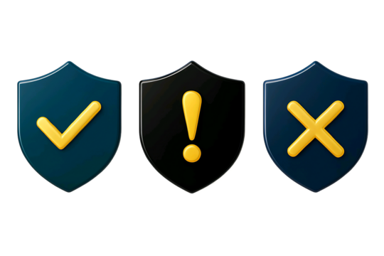 Three stylized shield icons representing a check mark an exclamation mark and a cross symbol isolated on transparent background