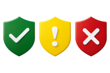 Three shield icons representing security status with a green checkmark yellow exclamation mark and red cross isolated on transparent background