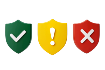 Three shields representing security status with a checkmark exclamation mark and cross isolated on transparent background