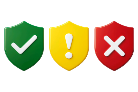 Three shield icons representing security status with a green checkmark yellow exclamation mark and red cross isolated on transparent background