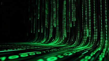 Generative AI Cascading Green Binary Code Data Stream in Dark Digital Matrix Background