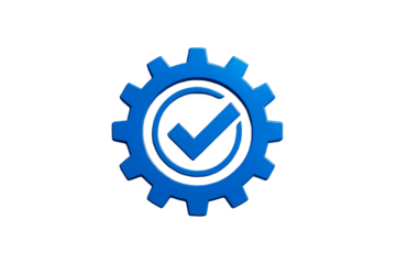 Blue gear with a checkmark inside a circle symbolizing approval or completion isolated on transparent background