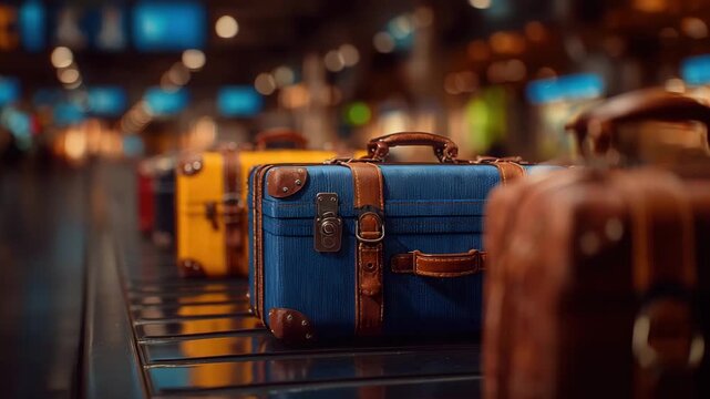 Luggage moving on carousel at airport, perfect for travel adventures, globetrotting, and vacation themes, a colorful collection of retro suitcases