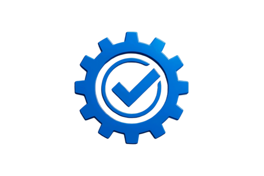 Blue gear with a checkmark inside a circle symbolizing approval or completion isolated on transparent background