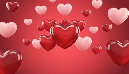 A vibrant array of red and pink hearts floating on a red background, symbolizing love and affection.