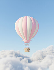 Fototapeta premium A vibrant hot air balloon floats gracefully above fluffy clouds under a clear blue sky, creating a serene and picturesque scene.