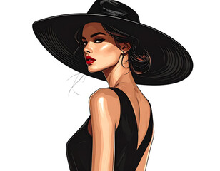 Side Profile of Fashionable Woman in Black Dress and Hat, Chic Illustration, Isolated on Transparent Background