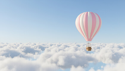 A vibrant hot air balloon floats above a sea of fluffy clouds under a clear blue sky, evoking a sense of adventure and freedom.