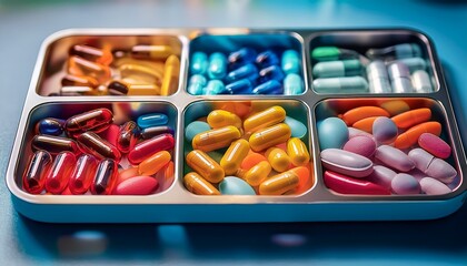 colorful capsules and tablets are organized in trays each showcasing a variety of vibrant hues concept medication diversity and organization