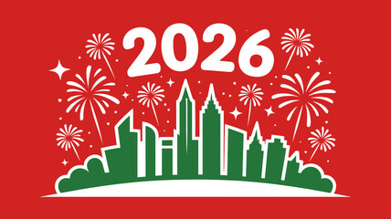 Happy new year 2026 celebration with city skyline and fireworks