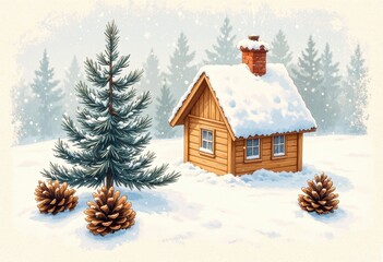 Fototapeta premium Cozy wooden house covered in snow, surrounded by pine trees and cones