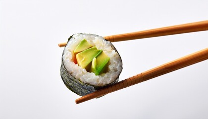 chopsticks holding avocado maki sushi roll with white background