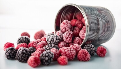 frozen raspberries and blackberries are scattered from a spilled container fresh frozen fruit concept