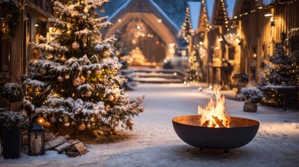 Cozy Winter Scene with Christmas Tree and Fire Pit at Night