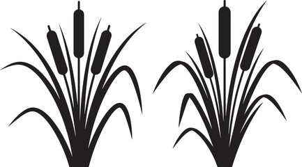 Two tall cattail reeds growing in a marshy wetland silhouette