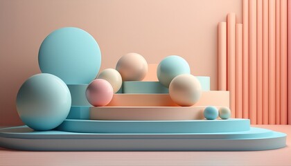 round spheres in pastel colors are arranged on a layered platform creating a calm and harmonious scene abstract composition pastel color scheme