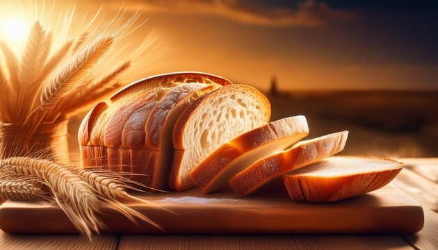 sliced loaf of bread rests on a wooden board with wheat stalks nearby concept fresh bakery simplicity food presentation