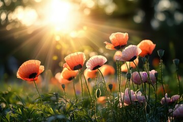 Fototapeta premium Field of bright orange and pink poppy flowers glowing warmly under golden sunlight with green foliage and soft bokeh background creating peaceful natural scene