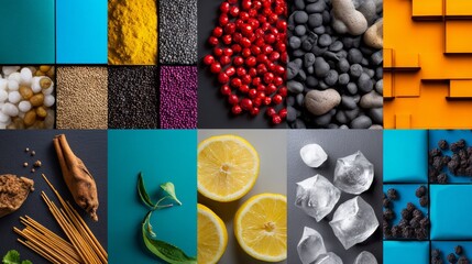 Grid of spices, herbs, and cooking ingredients on vibrant backgrounds