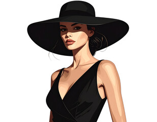 Stylized Artistic Illustration of Woman in Black Dress with Wide Hat, Minimalist Fashion Design, Isolated on Transparent Background