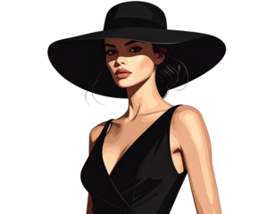 Stylized Artistic Illustration of Woman in Black Dress with Wide Hat, Minimalist Fashion Design, Isolated on Transparent Background