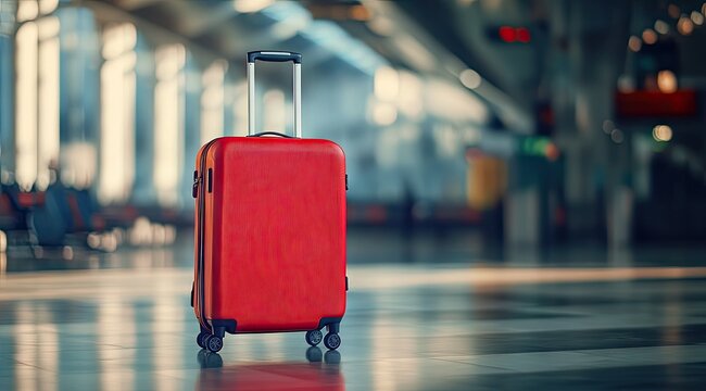 Red suitcase at a train station