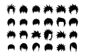 Collection of black silhouettes of different hairstyle designs for men, with various spiky, short, and edgy haircut styles