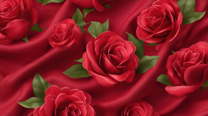 Obraz premium A beautiful and romantic arrangement featu vibrant red roses scattered across a luxurious, draped, deep red satin fabric creating a captivating and elegant scene.