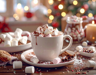 A festive cup of hot chocolate topped with marshmallows, peppermint, and sprinkles, surrounded by candles and holiday decorations creating a cozy Christmas atmosphere.	