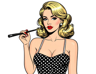 Stylized Retro Pin-Up Blonde Woman with Cigarette Holder and Polka Dot Dress, Artistic Illustration, Isolated on Transparent Background
